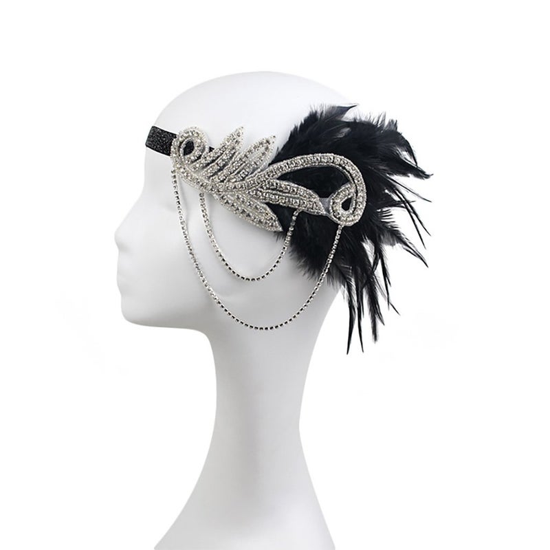 JISEN 1920s Flapper Vintage Feather Gatsby Crystal Headpiece Black - Image 2